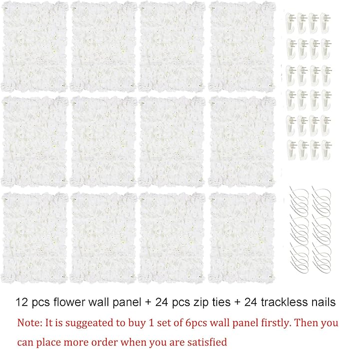 BLOSMON Flower Wall Panels Backdrop Décor White Artificial Floral Backdrop for Wedding Party Baby Bridal Shower, 12 Pcs Hanging 3D Fake Hydrangea Wall Decoration, Silk Faux Hydrangea Flower