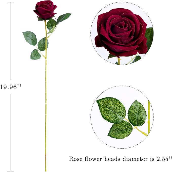 12PCS Artificial Roses Silk Flowers Fake Roses Bouquet Long Stem for Home Wedding Decoration Party (Wine)