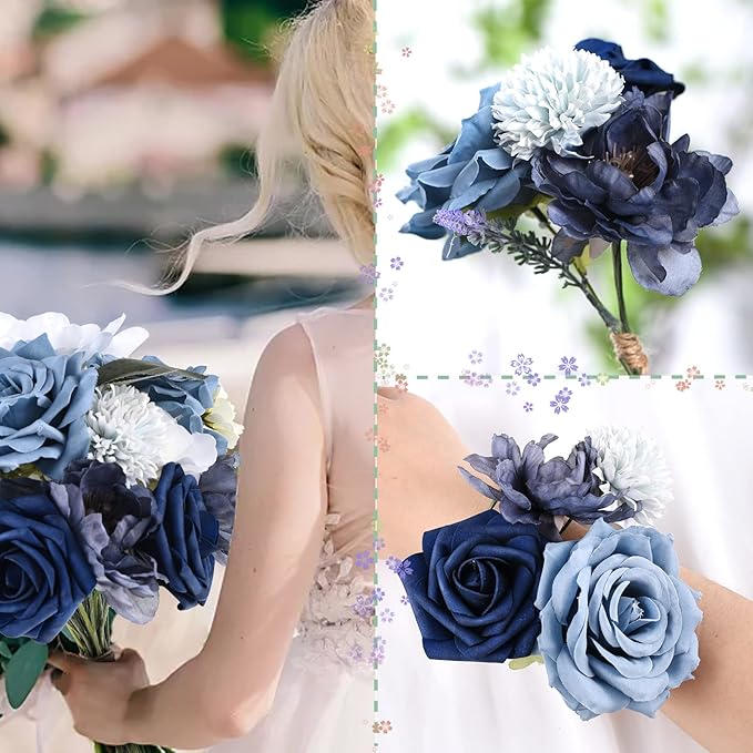 Jspupifip Dusty Blue Artificial Flowers Combo Box Set,Fake Silk Flowers Arrangement Bouquets with Stem Leaf for DIY Wedding Flower Centerpiece Wedding Centerpieces, Blue and White
