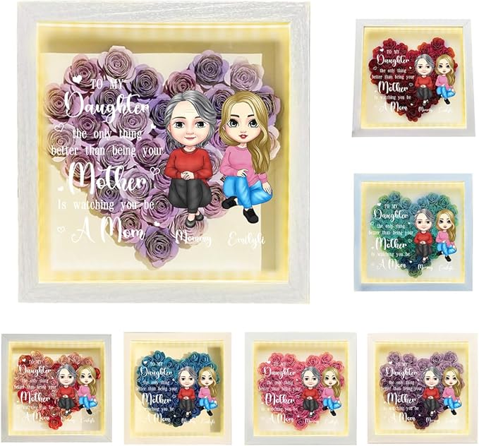 Personalized Mom Flower Shadow Box with LED Light Custom Heart Shaped Rose Flower Shadow Box Frame To My Daughter Mother's Day Portrait Shadowbox Memory Gifts for Mom from Daughter Christmas Birthday