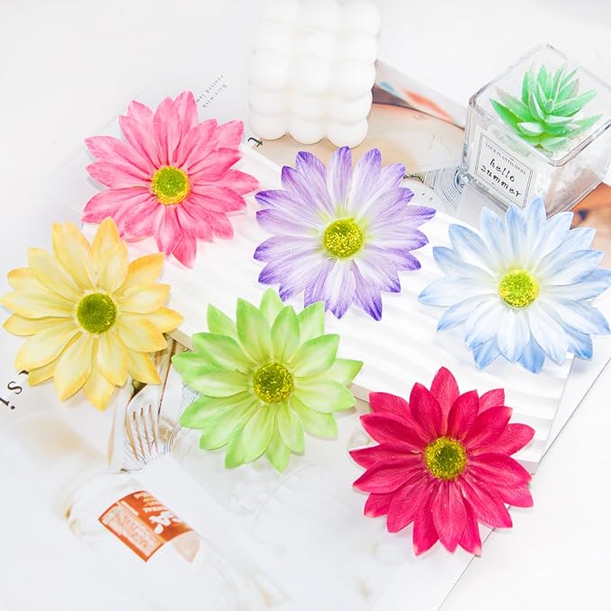 Daisy Silk Flower Heads, 12 Pcs Artificial Daisy Flower Heads, 3.5 Inch Blue Floral Heads Fake Daisies for Decoration, DIY Craft, Vase, Flower Arrangement, Hats, Costume, Hair