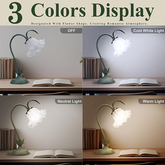 Flower Table Lamp, 3 Level Brightness Vintage Flower Reading Light with E26 Bulb, Cute Desk Lamp Bedside Lamps Lily Lamps for Nightstands Living Room Bedroom Ambient Lighting Home Decor, Metal Base