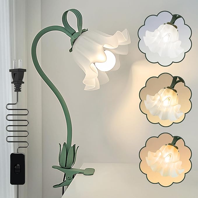 Flower Desk Lamp,LED Reading Light 360°Rotation Clip on Lamps,Vintage Flower Bedside Night Light,3 Colors Modes Book Lights Decor for Bedroom Bed Headboard Office Lighting Table Lamp Home Decoration