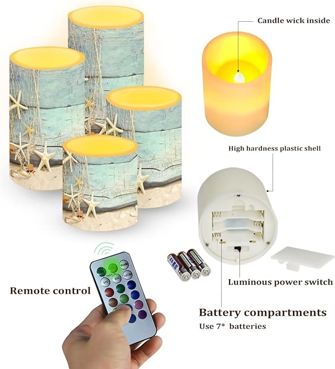 Flickering Flameless Candles 4 Pieces Set, LED Pillar Candles with Timer Battery Operated Tea Lights for Coastal Decor, Beach Starfish with Blue Wood Grain