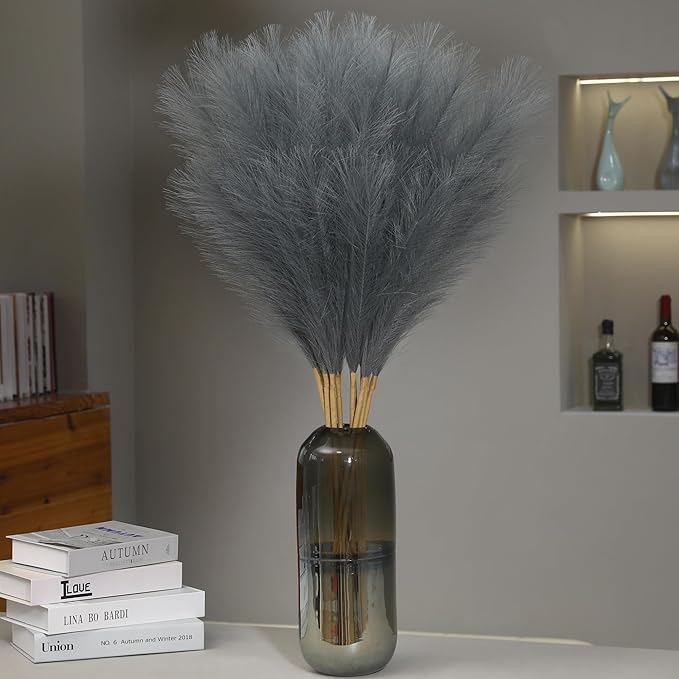9 Stems Grey Pampas Grass - 38 Inch Tall Faux Pompous Grass Bulk, Large Artificial Pompas Floral for Vase Filler, Wedding Flower Arrangement and Home Decor (Grey)