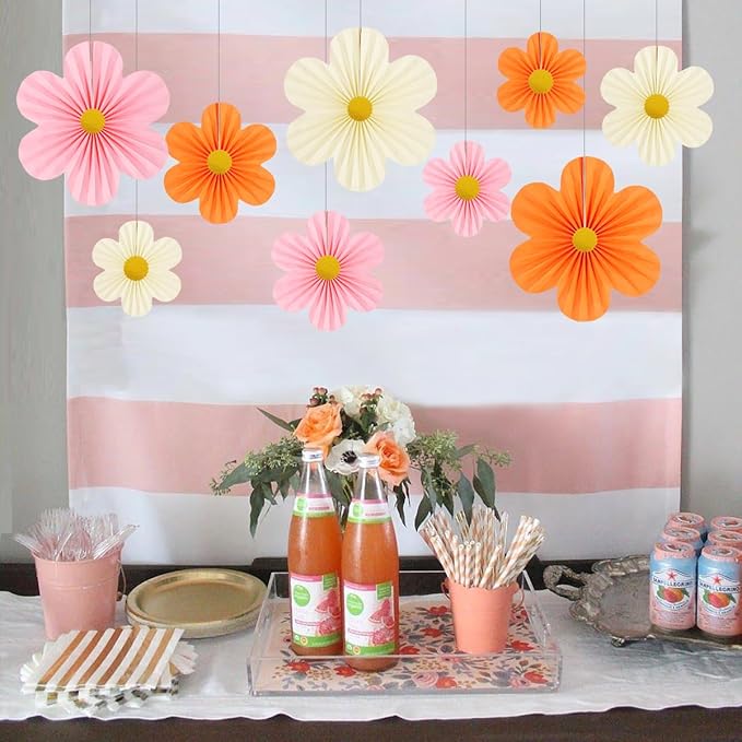 Pink and Orange Party Decorations Paper Flowers Decorations for Wall Classroom Paper Fans Floral Backdrop Flower Wall Decor Pack of 9 Pink Orange