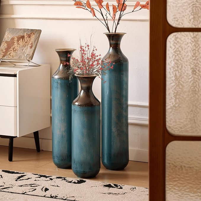 Set of 3 Large Floor Vases, Modern Aqua Blue Metal Vases for Home Decor, Glazed Decorated Tall Vases 20.4 24.4 28.3 Inch for Wedding Living Room
