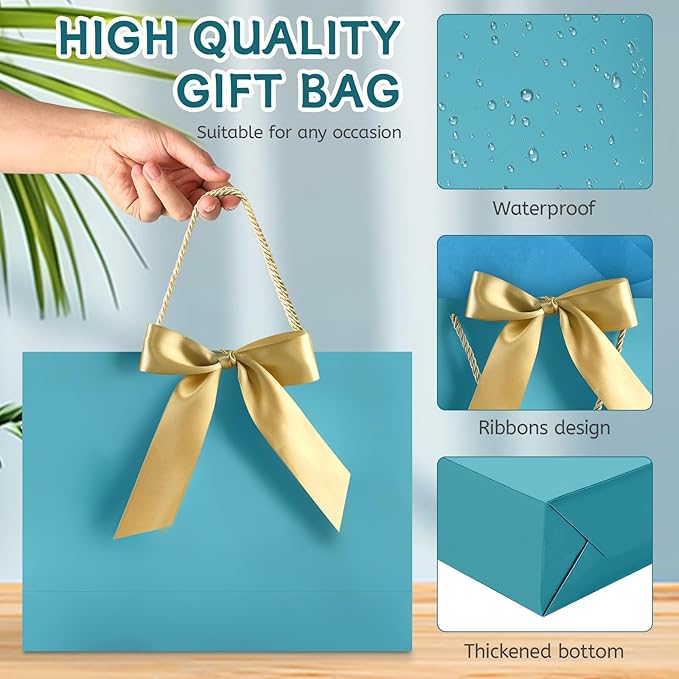 JMANNI 1PCS Large Gift Bag with Ribbon and 1 Greeting Card 2 Tissue Papers, Portable Paper Gift Bag with Handles, Birthday Gift Bags,Present Bags for Wedding Party,Mothers Day12.6" x 9.8" x 3.9"(Bule