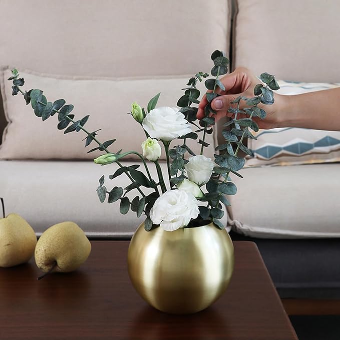 Gold Flower Vase Small Decorative Metal Vases for Table Centerpieces, MIATTCLD Round Gold Plant Pot Home Decor Ideal for Weddings, Parties, Anniversary, Living Room, Restaurants (Black)