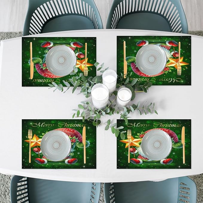 Xmas Christmas Green Santa Claus Placemats Set of 6 PVC Vinyl Non Slip Table Mats Heat Resistant Place Mats Washable Wipeable Dining Table Mat for Kitchen Decor Party Indoor Outdoor Decorative Gift