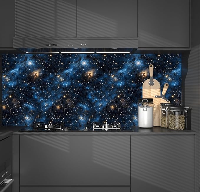 Blue Starry Peel and Stick Removable Black Sky Contact Paper 17.5" x 118", Gold Star Modern Wallpaper Mural Waterproof Self Adhesive for Wall Bedroom Bathroom Kitchen Cabinet Room Decor