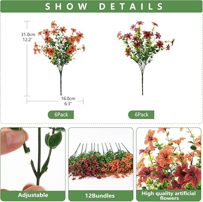 Artificial Mums Fake Fall Flowers for Outdoors Decoration, 12 Bundles Realistic Autumn Silk Daisy Faux Plants UV Resistant Decor for Home Garden Porch Patio Yard Balcony Window (Orange Brown)
