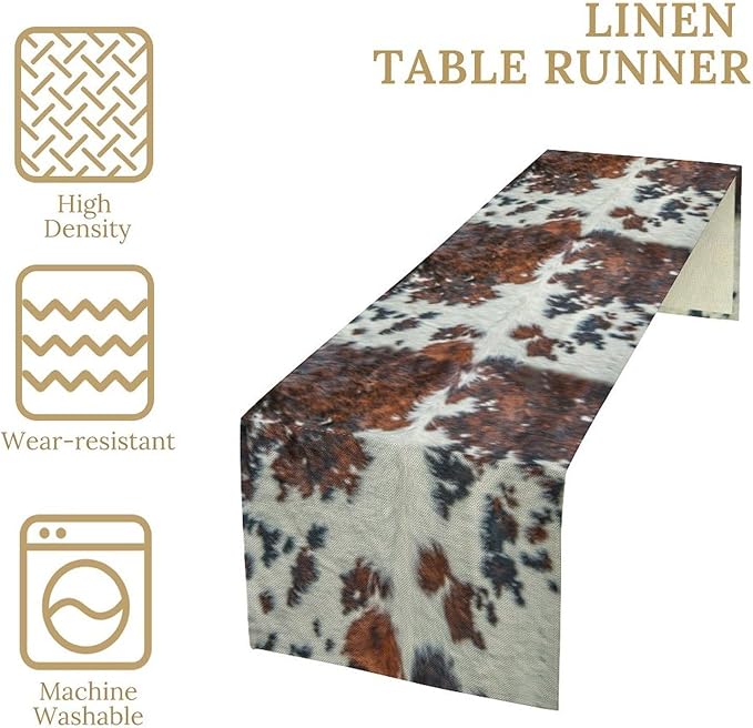 Cow Print Table Runner, Brown Cowhide Print Western Style Table Runner Country Farmhouse Cottage Cow Patten Table Decoration for Home Kitchen Dining, 13x60 in