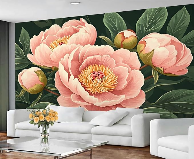 Peony Flower Wall Mural, Retro Pink Peony Flower 3D Wall Murals, Romantic Garden Theme Wallpaper Mural, for Living Room Bedroom Large Wallpaper Indoor Decor 157.5" W x110.3 H
