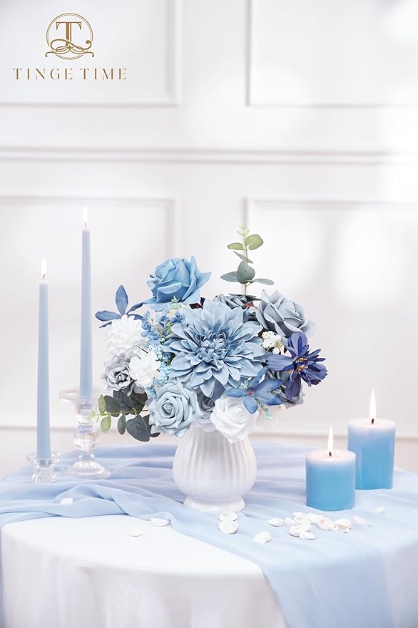 TINGE TIME Artificial Flowers Dusty Blue Flower Combo for DIY Wedding Bouquets Table Centerpieces Arrangements Party Baby Shower Home Decorations