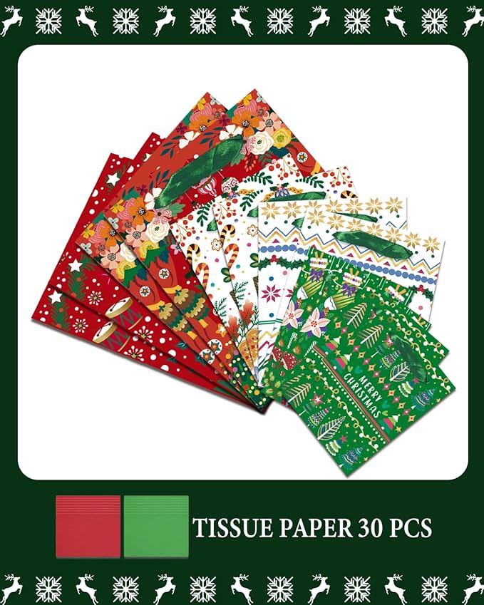 qiqee Christmas Gift Bags Assorted Variety Size Red Green Puppet Design Holiday Tissue Paper Bag Set of 10( 2PCS Large 5.5"x10.2"x13", 4PCS Medium 4.3"x 7.7"x 9.6", 4PCS Small 2.4"x 4.7"x 6.3", 30PCS Tissue Paper)
