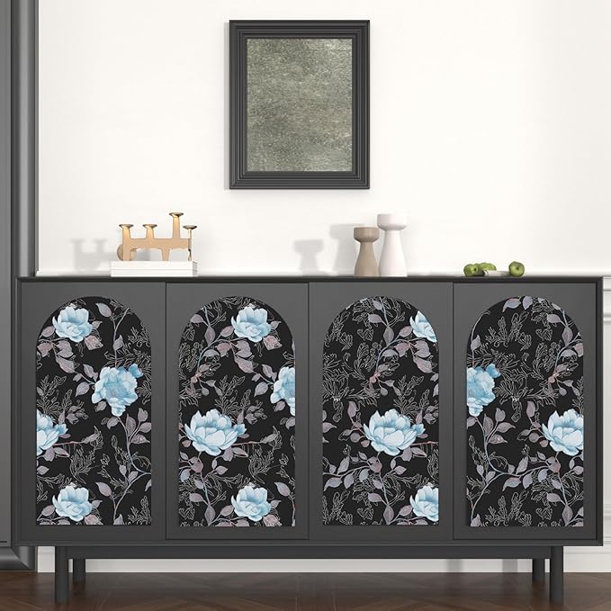 Black Blue Floral Peel and Stick Wallpaper Flowers Contact Paper 17.5"x118" Self Adhesive Waterproof Vintage Dark Floral Wall Paper for Shelf Liner Cabinet Decor