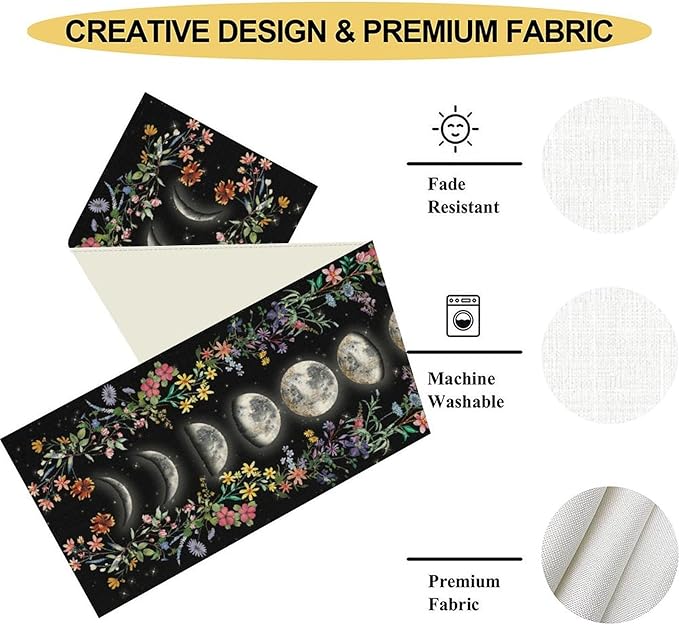 Boho Floral Table Runner, Spring Gothic Moon Phase Wildflower Mystical Witchy Farmhouse Coffee Table Center Decor for Home Kitchen Dining Patio Holiday Party Table Decorations 13x36 inches