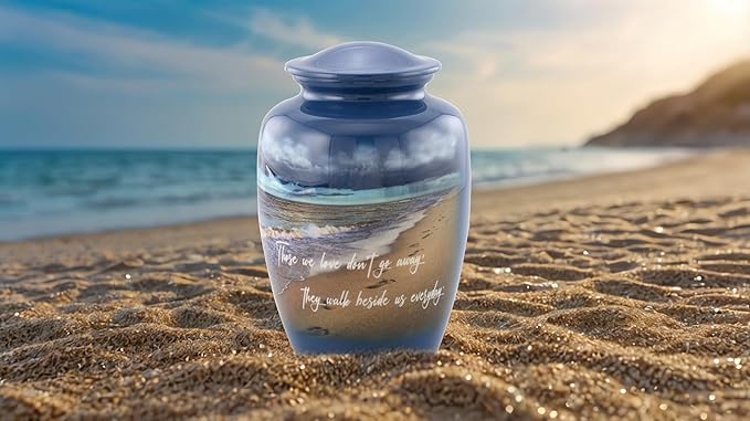 Footprints Cremation Urn - Ocean Blue Memorial Urn with Beach & Waves – Full-Size Handcrafted Metal Funeral Urns for Men & Women’s Ashes (Up to 210 lbs) – A Beautiful Tribute for Ocean Lovers