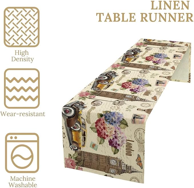 British Table Runner, Seasonal Vintage Floral England London Culture Element Coffee Table Center Decor for Home Kitchen Dining Patio Holiday Party Table Decorations 13x36 inches