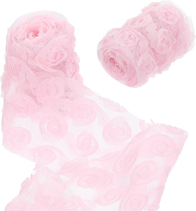 uxcell 2PCS Lace Trim Ribbon, 2.36 inch - 1 Yard 3D Rose Floral Embroidery Ribbons Edge Trimming for Sewing, Wedding Dress, DIY Crafts, Decoration Accessories, Light Pink