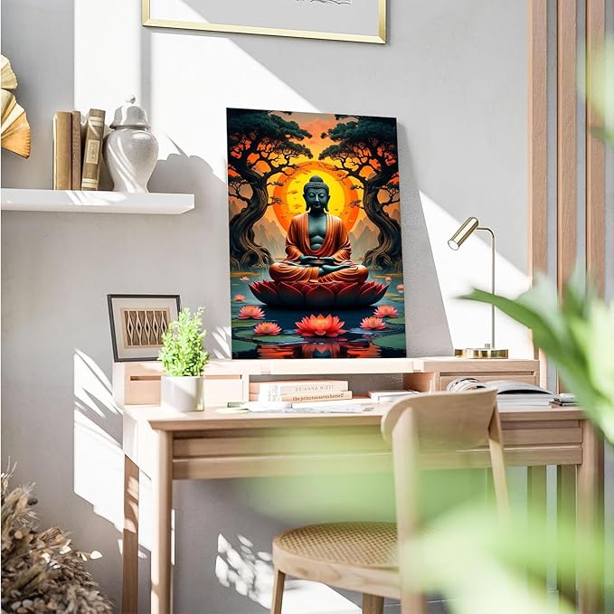 Canvas wall art Golden Buddha on lotus at sunset Ancient trees with reflections on water Serene meditation scene Uplifting wall art for mindfulness and tranquil home decor 8x12in Frameless