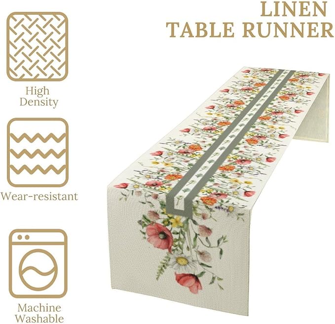 Watercolor Floral Table Runner, Red Wildflowers Botanical Nature Farmhouse Design Table Runner for Kitchen Dining Home Party, 13x60 Inch