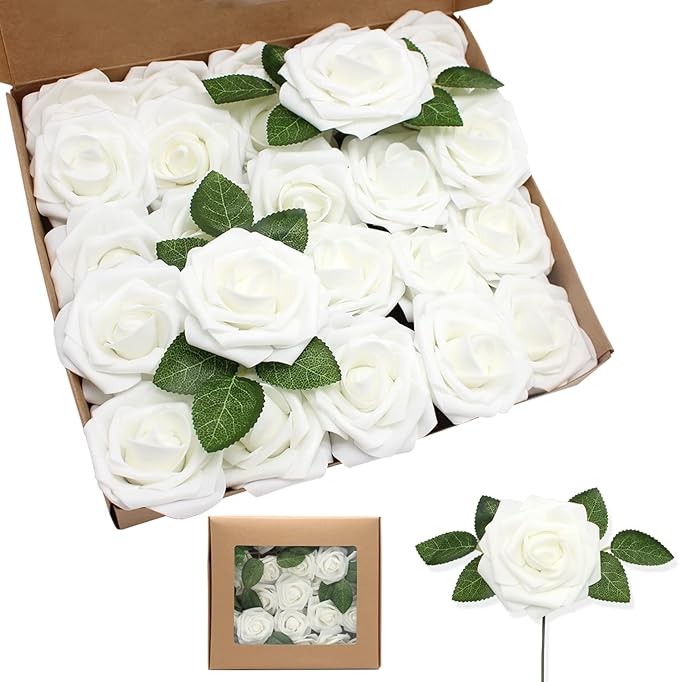 Artificial Roses Flowers 50pcs Real Looking Foam Fake Roses with Stems for DIY Wedding Bouquets Bridal Shower Centerpieces Party Decorations (50, White)