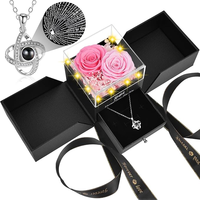 2 Preserved Rose Gift for Women - Eternal Rose with I Love You Necklace - Romantic Birthday Gifts for Girlfriend Mom Her Wife Grandma on Valentines Mothers Day Anniversary Christmas-Pink