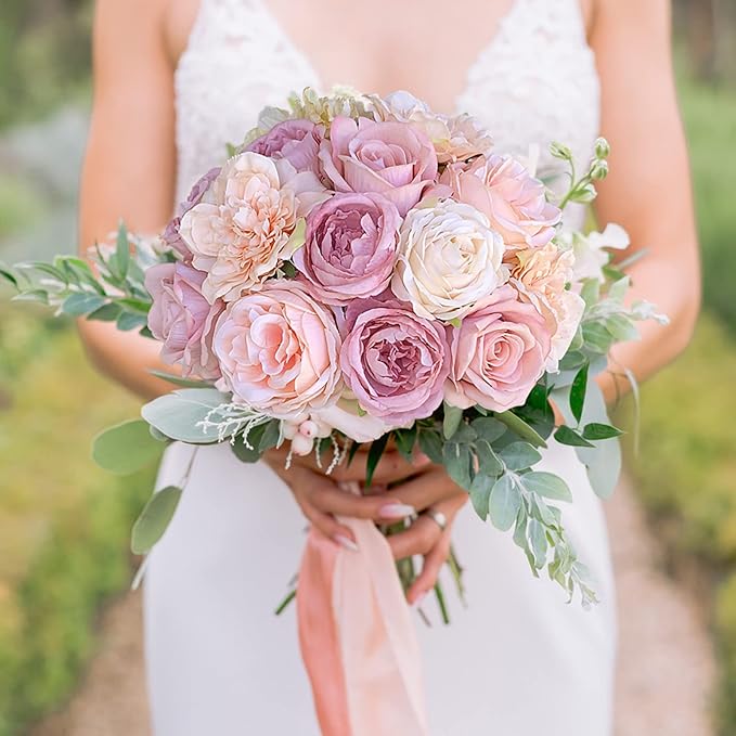 Roses Artificial Flowers Pink Bouquets Box Set Fake Flower Bulk for DIY Wedding Bridal Baby Shower Decorations Party Table Centerpieces Silk Floral Arrangements for Home Decor Indoor