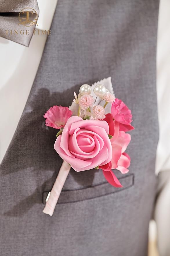 TINGE TIME Boutonniere for Men Wedding,Groom and Best Man Boutonniere for Wedding Ceremony Anniversary, Formal Dinner Party and Rustic Spring Wedding Marriage (10, HotPink)