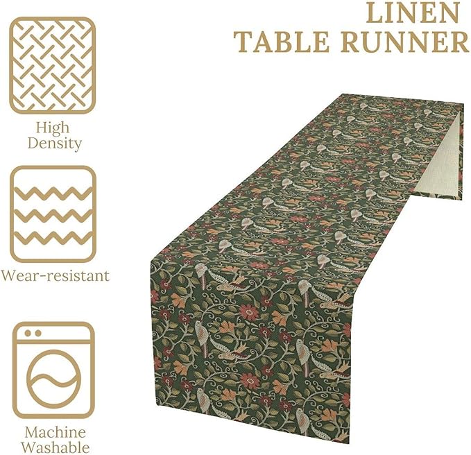 William Morris Table Runner, Vintage Boho Green Botanical Flowers Birds Tabletop Decoration for Kitchen Dining Indoor Outdoor Home Holiday Party, 13x120 Inch