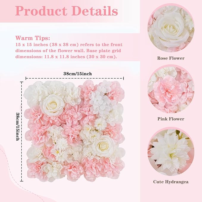 Pink Flower Wall Backdrop Wedding: 12 Packs 15x15 Inches 3D Floral Rose Wall Panels - Party Event Background Bridal Shower Decorations