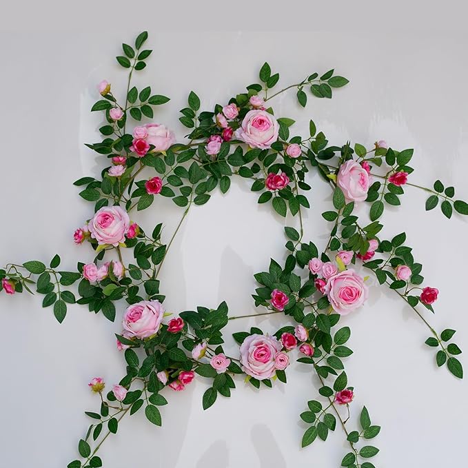 6FT Bendable Flower Garland, Artificial Rose Vine Hanging Floral Garland Decoration for Weding Home Room Wall Decor (Pink, 1pcs)