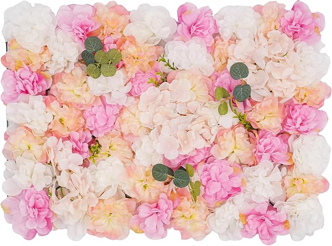 12pcs 24" x 16" Artificial Flower Wall Panel Background,3D Pink Champagne Silk Eucalyptus Rose Flowers Wall Backdrop for Wedding Party Event Photo Backdrop Wall Decor (Type 2)