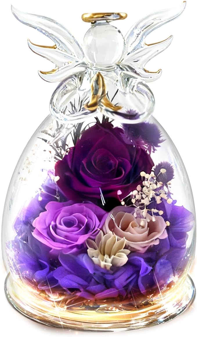 Purple Rose Christmas Gifts for Women, Forever Flower in Glass Fresh Flowers for Delivery, Preserved Rose Angel Figurine Decor for Mom, Grandma, Mother’s Day, Valentine’s Day, Birthday, Xmas Gift