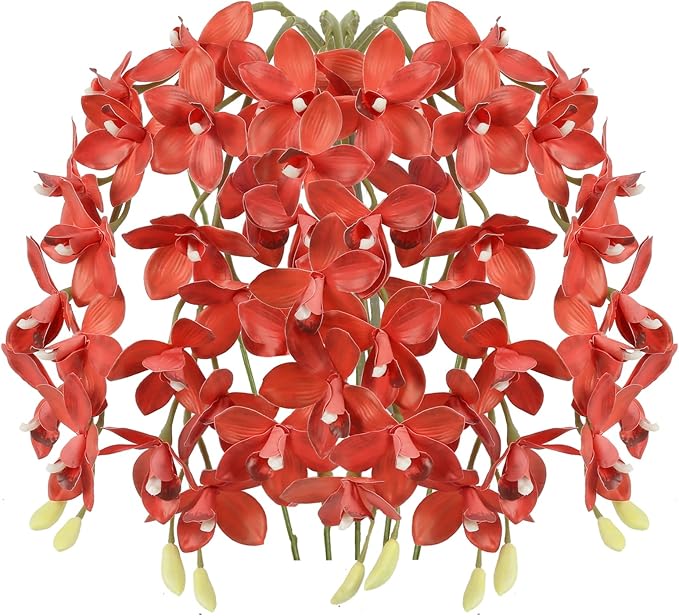 IPOPU Red Artificial Orchid 5 Pcs Latex Real Touch Orchid Fake Flowers Vase Filler for Home Decor Living Room Patio Wedding and Engagement Centerpiece