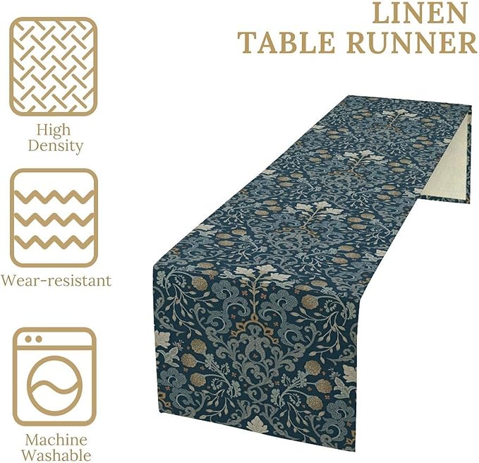 Vintage William Morris Table Runner, Rustic Country Farmhouse Blue Botanical Floral Boho Table Runner for Kitchen Dining Home Party Wedding, 13x70 Inch