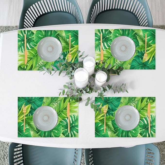 Green Summer Palm Leaf Placemats Set of 1 PVC Vinyl Non Slip Table Mats Waterproof Heat Resistant Place Mats Washable Wipeable Dining Table Mat for Kitchen Party Indoor Outdoor Decorative