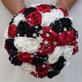 Bridal Wedding Bouquet Round Bling Brooch Bouquet Throw Toss Artificial Rose Flower Bunch for Bride Bridesmaid Wedding Quinceanera(Ruby Red, Black & Ivory, 9.8")