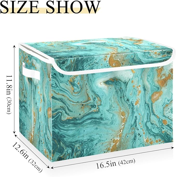Senya Collapsible Storage Bins with Lids, Golden and Turquoise Marble Teal Storage Boxes for Organizing
