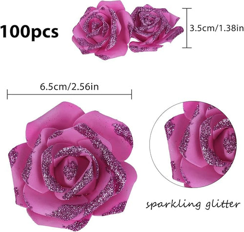 100pcs Glitter Roses - Hot Pink 2.56" Foam Flower Bundle - Artificial Roses for Wedding & Event Decor