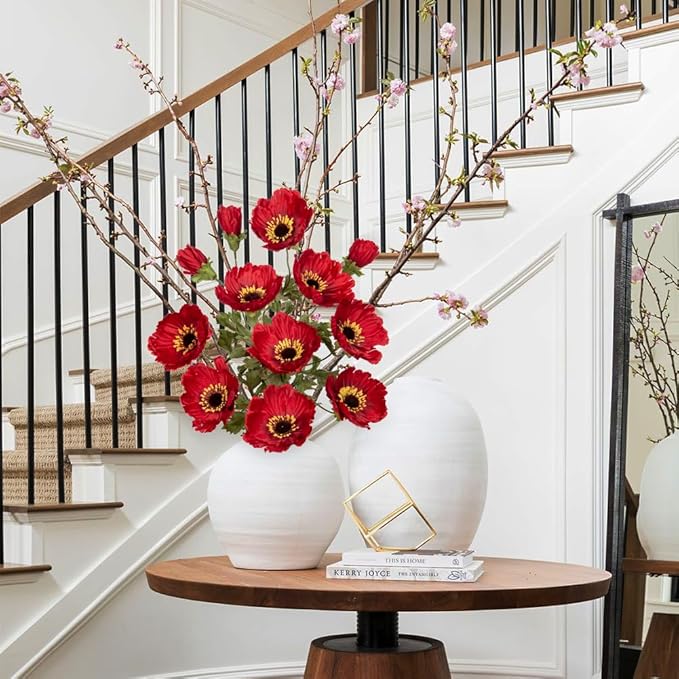 28.3" Red Artificial Flowers Poppy Flowers 3Pcs Silk Fake Poppy Flowers Real Touch Faux Poppies Spring Flower Long Stem Arrangement with 4 Heads for Party Centerpiece Bouquet Table Home Decoration