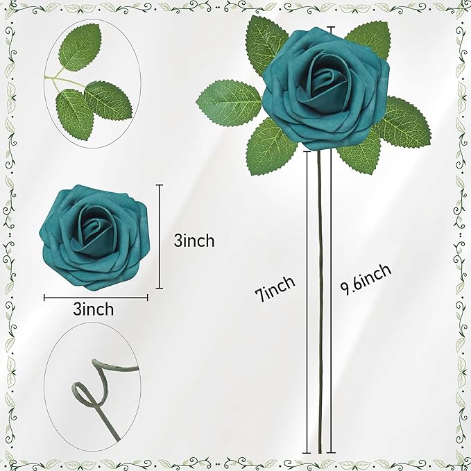 Artificial Flowers, 25pcs Artificial Rose for DIY Wedding Bouquets Centerpieces Arrangements, Dark Teal Fake Rose with Stems for Birthday Bridal Shower Graduation Events Decoration