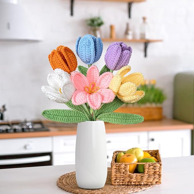 Dremisland Crochet Flowers 6PCS Crochet Tulips Finished Handmade Knitted Flowers Crocheted Bouquets Pastel Floral Gift for Mothers Girls Friends Teacher Gifts for Women,Graduation Flower Home Decor