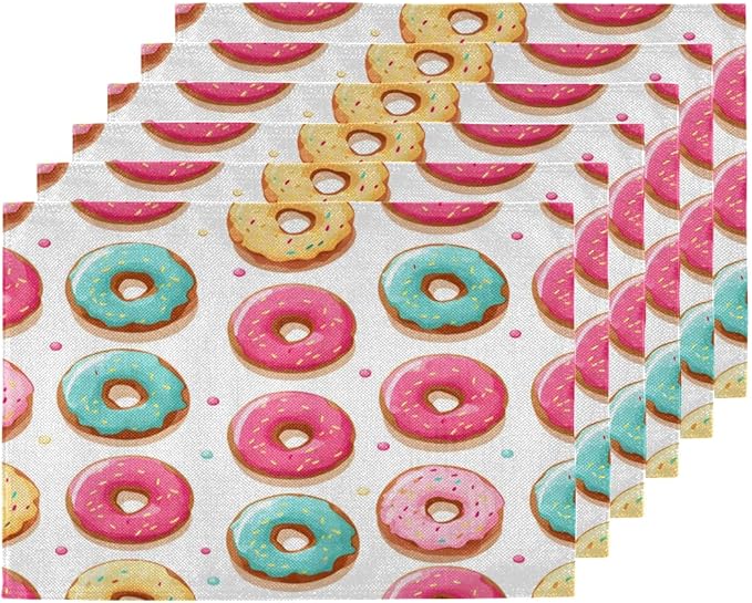 Sweet Doughnuts Placemats, Place Mats Set of 4, Heat Resistant Place Mats, Washable Table Mats for Dining Table, Non-Slip Stain Resistant Kitchen Table Placemats, Colorful Donut Pattern