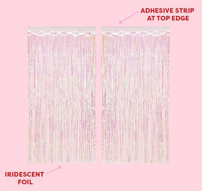 xo, Fetti Decorations Iridescent Fringe Foil Curtain - Set of 2 | Bachelorette Party Bridal Shower Backdrop, Wedding, Birthday Photo Booth