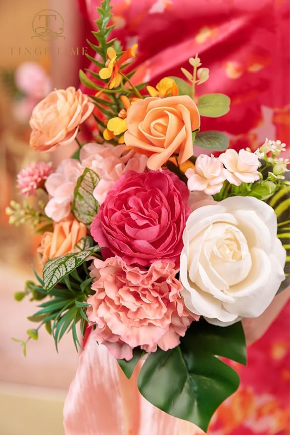 TINGE TIME 7 Inch Artificial Flowers Wedding Bouquets for Bridesmaid, Set of 4, Tropical Bride Tossing Bouquet for Summer Wedding Ceremony Bridal Shower Rehearsal Dinner Vintage Party