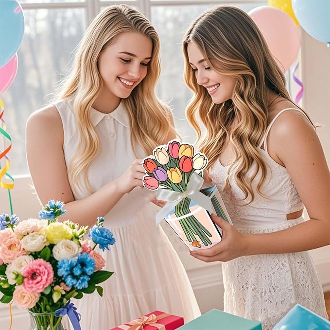 Tizee 3D Floral Gable Boxes with Ribbon - Mini Gift Bags for Party Favors, Birthday, Wedding, Mothers Day, Cookies, Candy, and More (20 Pack)