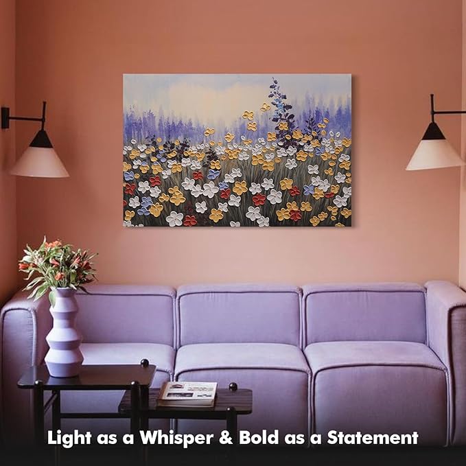 JUHOME Vintage Hand-Painted Texture Wildflower Canvas Wall Art, Rustic Nature Abstract Oil Painting,24x36 In Handmade Artwork for Living Room, Office, Bedroom